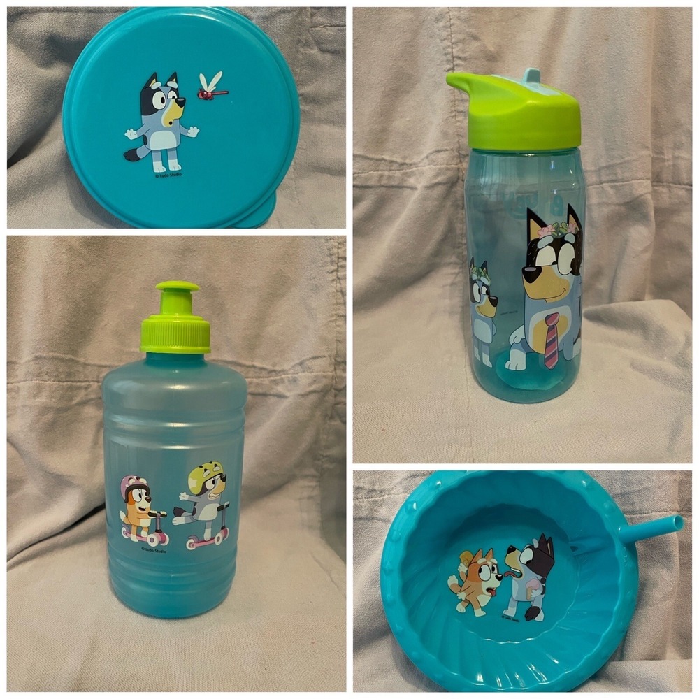 NEW Set of 4 Disney Bluey Water Bottles Bowl & Container Bluey Bingo & Bandit